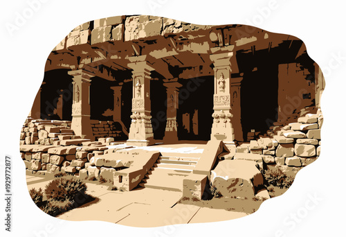 Ancient Rock-Cut Temple Featuring Exquisite Pillars and Intricate Carvings in a Historic Stone Architecture Setting Surrounded by Steps and Greenery