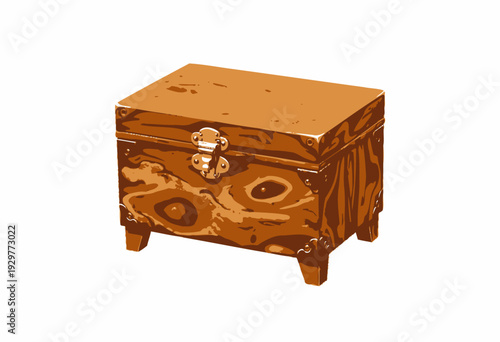 Wooden Treasure Chest with Metal Accents and Intricate Locking Mechanism on Short Legs, Exquisitely Crafted with Natural Textures and Decorative Elements