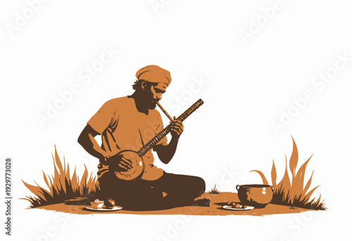 Serene Musician Playing Traditional String Instrument in Tranquil Outdoor Setting with Natural Surroundings and Cultural Attire