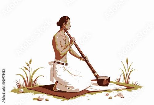 A Serene Meditation Scene with a Man Playing the Didgeridoo Surrounded by Nature Elements in a Tranquil Setting