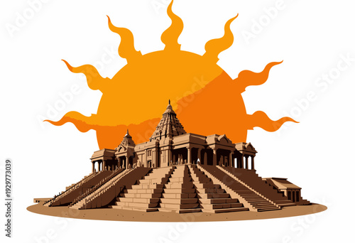 Majestic Ancient Temple Silhouetted Against a Vibrant Orange Sun with Radiant Sunbeams Emanating in a Clear Blue Sky Background Highlighting Architectural Grandeur