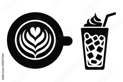 Latte Art Coffee Cup Icon and Iced Coffee Drink Silhouette