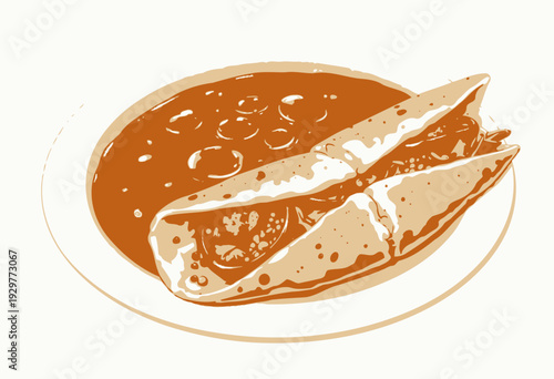 Delicious Plate of Savory Curry Accompanied by a Flavorful Vegetable Wrap, Artfully Presented on a White Plate with Rich, Vibrant Colors and Appetizing Details