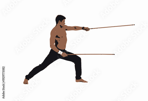 Martial Artist Demonstrating Skillful Mastery of Two-Handed Staff Technique in Dynamic Stance Against Neutral Background