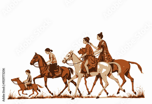 Artwork depicting a family of four enjoying a serene horseback ride across open fields, with each member uniquely portrayed and accompanied by a running dog.