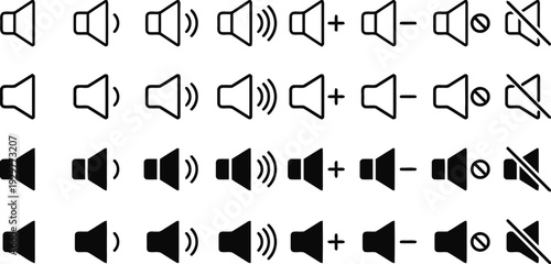 Volume control icons set for sound adjustment and mute