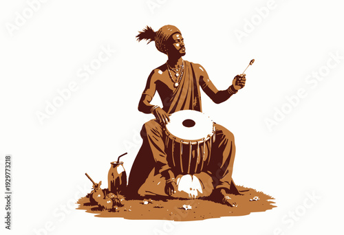 Traditional Musician in Vibrant Attire Playing a Handcrafted Drum on a Grassy Patch with Cultural Artifacts