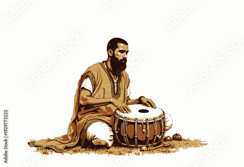 Traditional Musician Sitting with Drum Creates Rhythm in Vibrant Cultural Attire on Grassy Background with Percussion Instruments