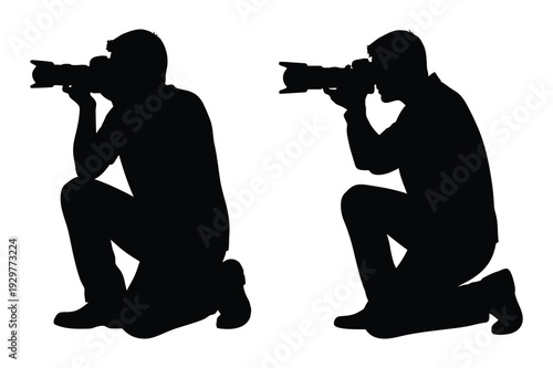 Photographer Kneeling with Camera Silhouettes