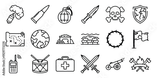 Warfare icons set military equipment and battlefield elements