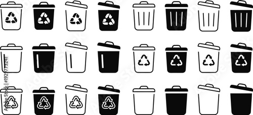 Waste management and recycling bin icons in diverse graphic styles