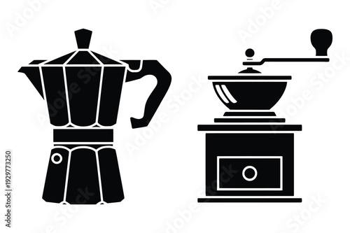 Moka Pot Coffee Maker and Grinder Icons