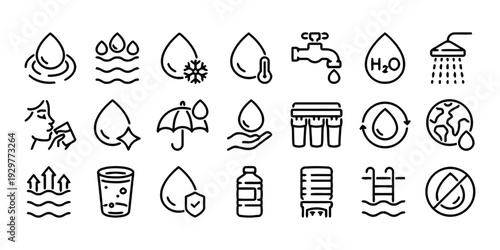 Water icons set representing purity, flow, and conservation concepts