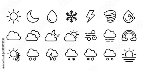 Weather forecast icons including sun, moon, rain, snow, and wind