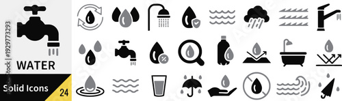Water solid icons set, modern fluid and liquid symbols, environment collection for web and print