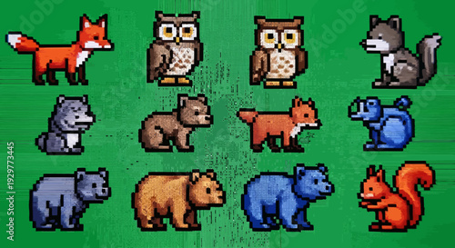Pixelated forest animals collection of isolated digital illustrations