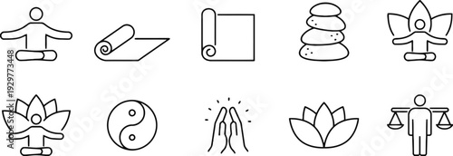 Yoga and meditation icons set lotus poses yin yang and balance scales for wellness