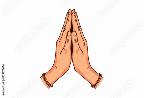 Illustration of two hands pressed together in a respectful gesture with brown beaded bracelets on the wrists against a plain white background