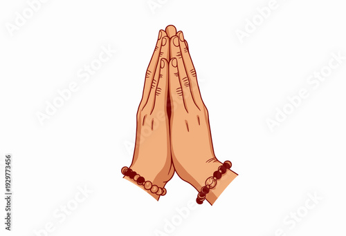 Illustration of Two Hands Joined in Traditional Gesture Wearing Beaded Bracelets for Cultural or Spiritual Expression