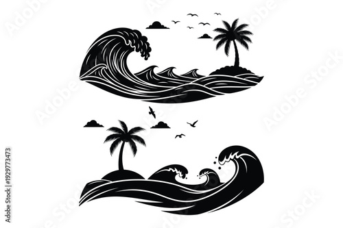 Stylized silhouettes of ocean waves crashing on tropical island