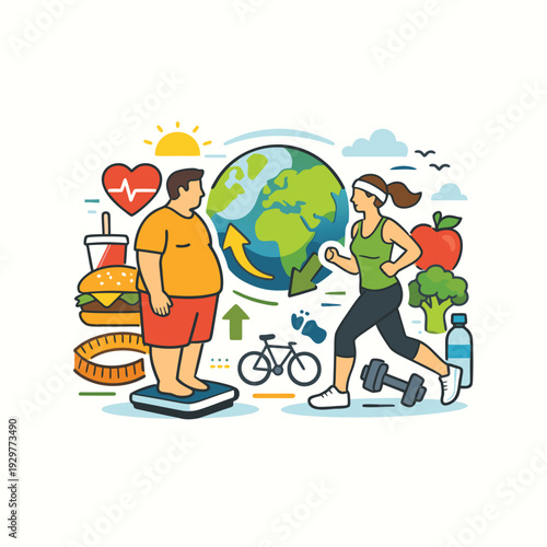Illustration depicting healthy lifestyle choices contrasted with unhealthy habits featuring earth and people high-quality professional