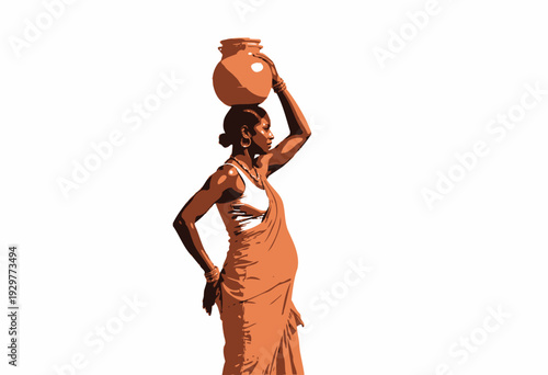 Pregnant Woman in Traditional Attire Balancing Clay Pot on Head Against Clear Sky Background Showcasing Cultural and Maternal Themes