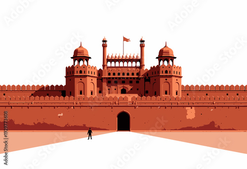 Majestic Red Fort Illustration Showcasing Historic Architectural Marvel with Striking Symmetrical Design and Prominent Red Stonework