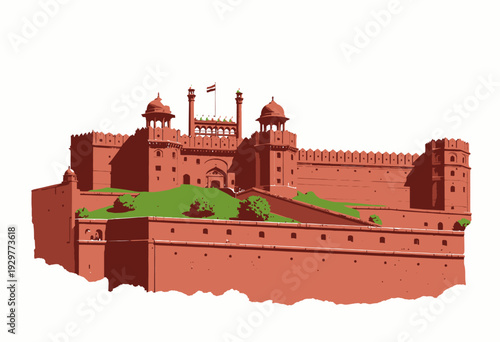 Majestic Historical Fort with Red Brick Walls and Towers Adorned with Indian Flag Under Clear Blue Sky with Trees on Green Slope