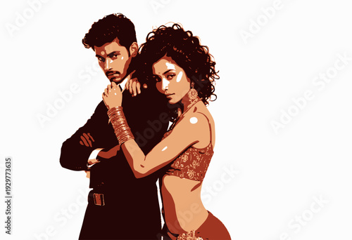 Elegant Couple in Stylish Formal and Traditional Attire Posing with Confidence Against a Sophisticated White Background for a Fashion Photography Session