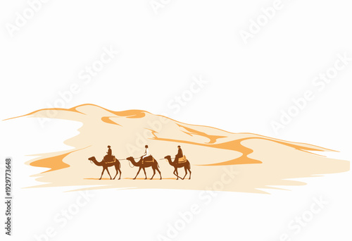 Illustrated Desert Scene with Three Camels and Riders Traversing Sandy Dunes Under a Clear Sky