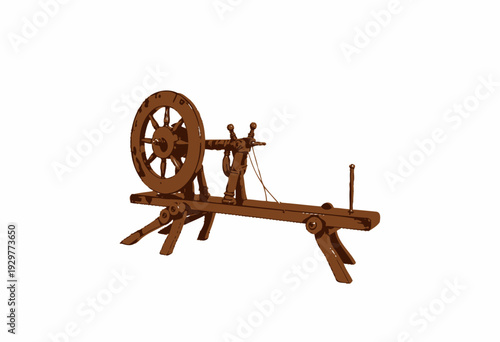 Wooden Spinning Wheel with Detailed Craftsmanship and Classic Design for Yarn Spinning and Textile Production on White Background