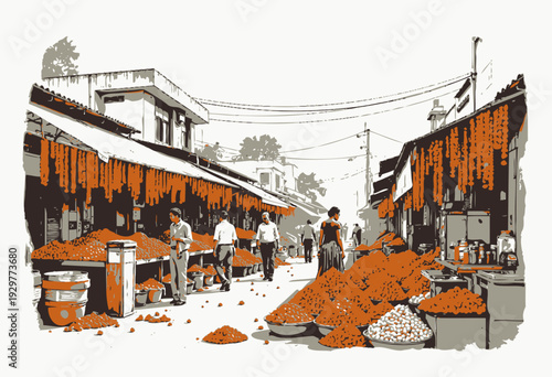 Vibrant market street bustling with vendors and buyers among colorful displays of fresh produce and drying goods under sunny skies