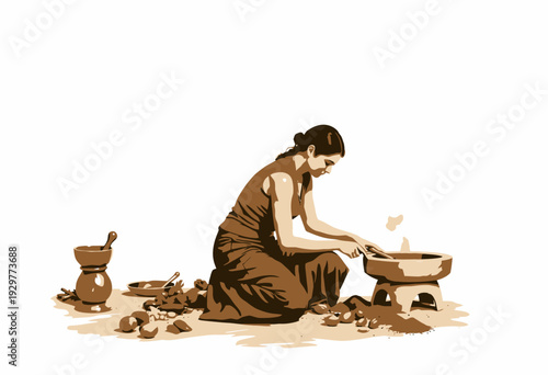 Woman roasting aromatic coffee beans over an open flame in traditional setting with rustic mortar and pestle, surrounded by spices and ingredients