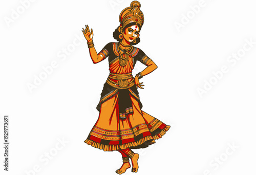 Illustration of a Traditional Bharatanatyam Dancer in Vibrant Attire and Elegant Pose Embodying Cultural Heritage and Graceful Movements with Ornate Accessories