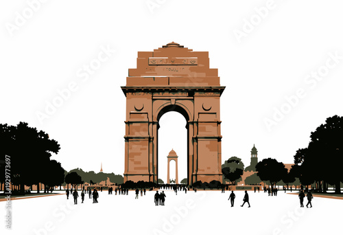 Magnificent Historical Monument with Towering Arch Set Against a Clear Sky Surrounded by Trees and Walking Visitors