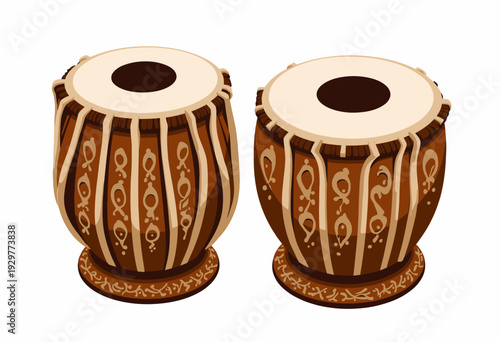 Illustration of Traditional Indian Drums with Decorative Patterns and Intricate Details on a White Background