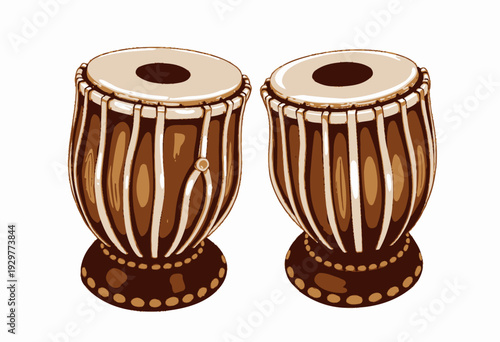 Illustration of Traditional Indian Tabla Drums: Pair of Classic Percussion Instruments Featuring Decorative Wooden Design with Circular Bases