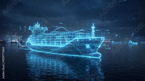 Futuristic Digital Cargo Ship Hologram in Smart Port at Night