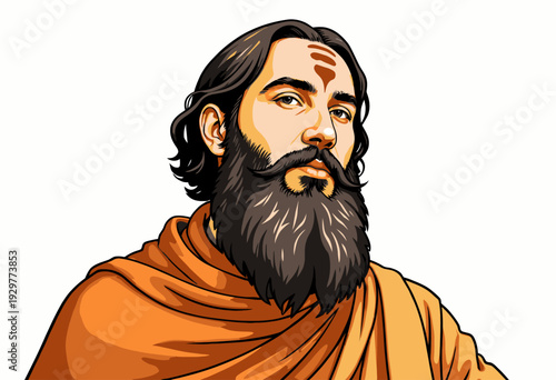 Portrait of a contemplative spiritual figure with a serene expression, wearing traditional attire, emphasizing cultural heritage and inner wisdom