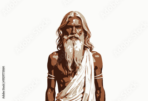 Portrait of a Wise Elderly Sage with Long White Hair and Beard Draped in Traditional Attire Epitomizing Wisdom, Serenity, and Cultural Heritage