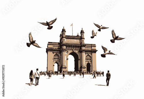 Intricate Historic Archway with Walking Tourists and Flying Pigeons Against a Clear White Background