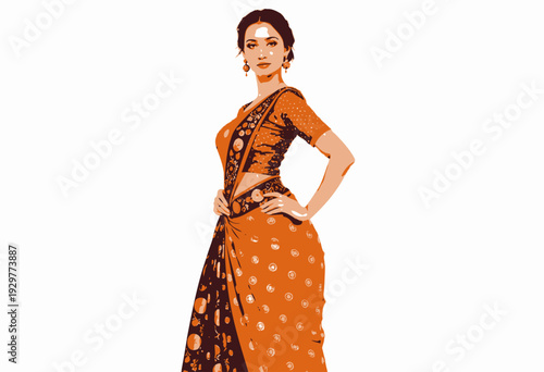 Elegant Woman Posing in Vibrant Traditional Indian Saree with Decorative Patterns and Matching Jewelry on White Background