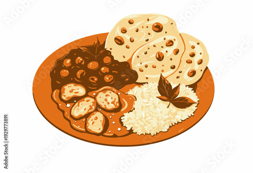 Illustrated plate of traditional Indian cuisine featuring creamy curry, fluffy basmati rice, buttery naan bread, and spicy chickpea masala garnished with fresh herbs