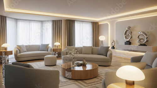 Luxurious modern living room interior with beige sofa lamps and decorative wall art in elegant home