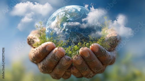 African American Farmer Hands Holding Living Planet Earth with Green Plants Symbolizing Climate Justice, Regenerative Agriculture and Global Sustainability