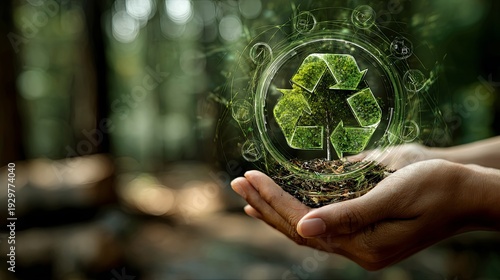 Asian American Hand Holding Recycling Symbol with Growing Tree Representing Circular Economy, Corporate Sustainability and Climate Action Initiative