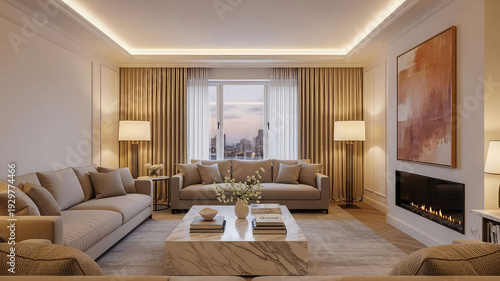 Luxury living room with beige sofas marble coffee table and modern fireplace