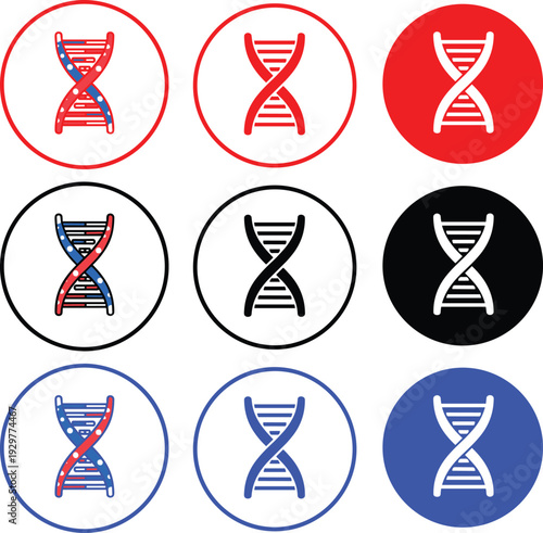 Dna helix structure icons in circular frames with multiple color variations and line art styles for biology