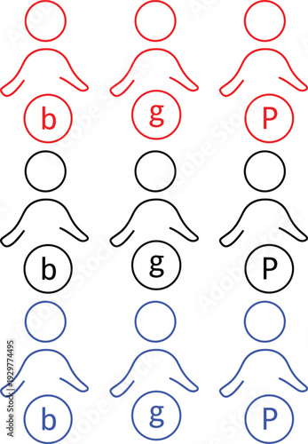 Inclusive person icon set with gender indicators in red black and blue outline style for digital interfaces