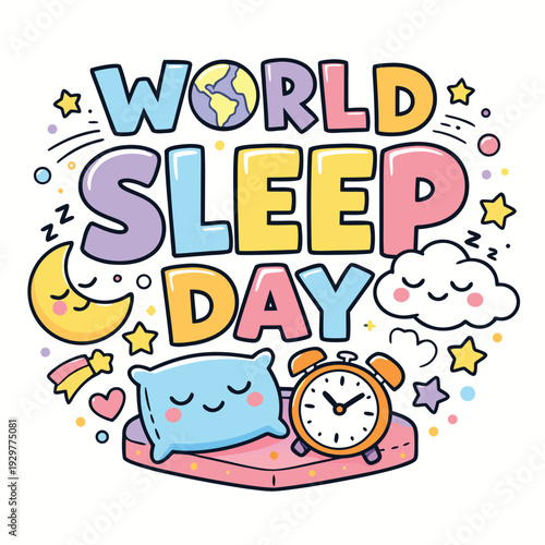 Colorful cartoon illustration celebrating world sleep day with a globe pillow and sleeping symbols high-quality
